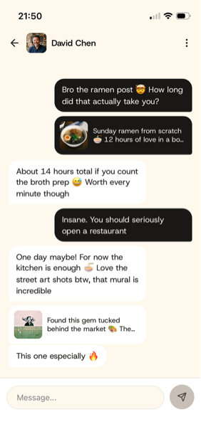 Mirlo chat showing a private conversation in response to a post